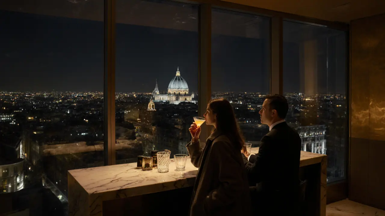 Two people enjoy cocktails on a rooftop lounge overlooking Milan's Duomo at night.