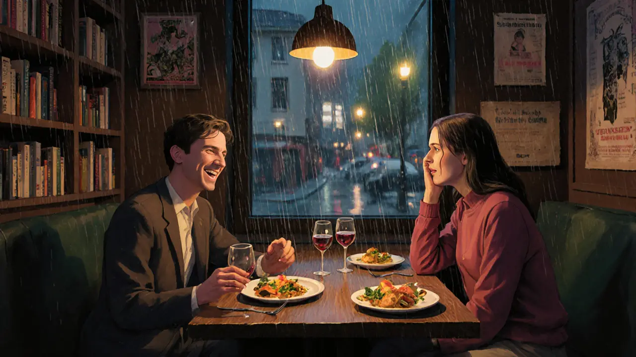 Two people share a quiet dinner in a cozy Neukölln bistro, warm lighting and rain on the window.