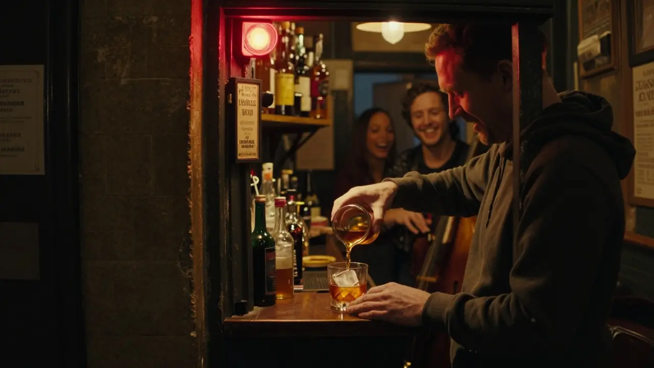 A hidden bar in a Shoreditch alley with a red light above the door, dimly lit and intimate.