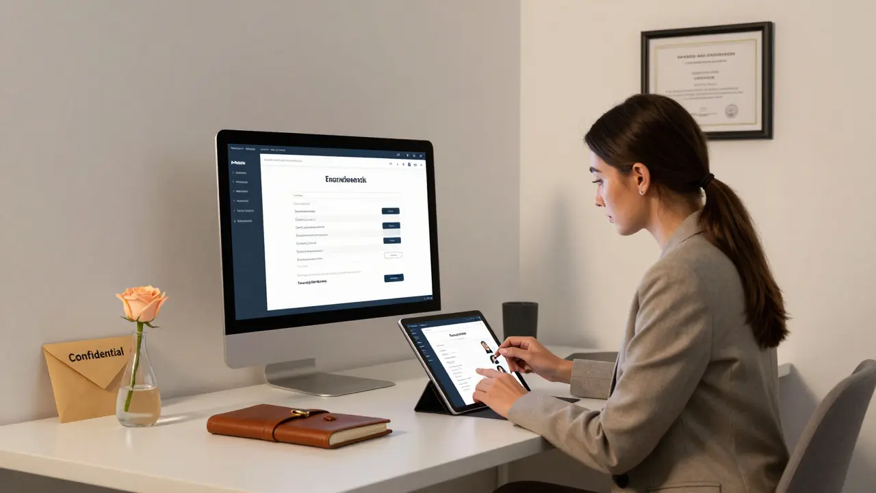 A professional agency office in Abu Dhabi with encrypted bookings and a sign of ethical standards on the wall.