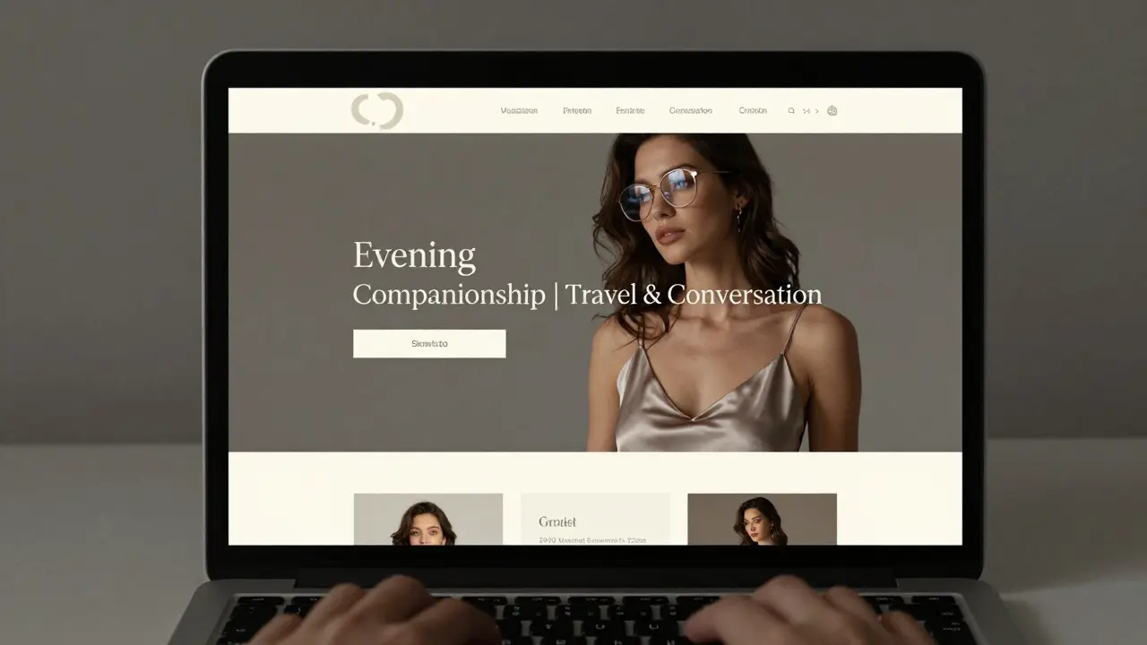 A professional escort's website displayed on a laptop with tasteful imagery.