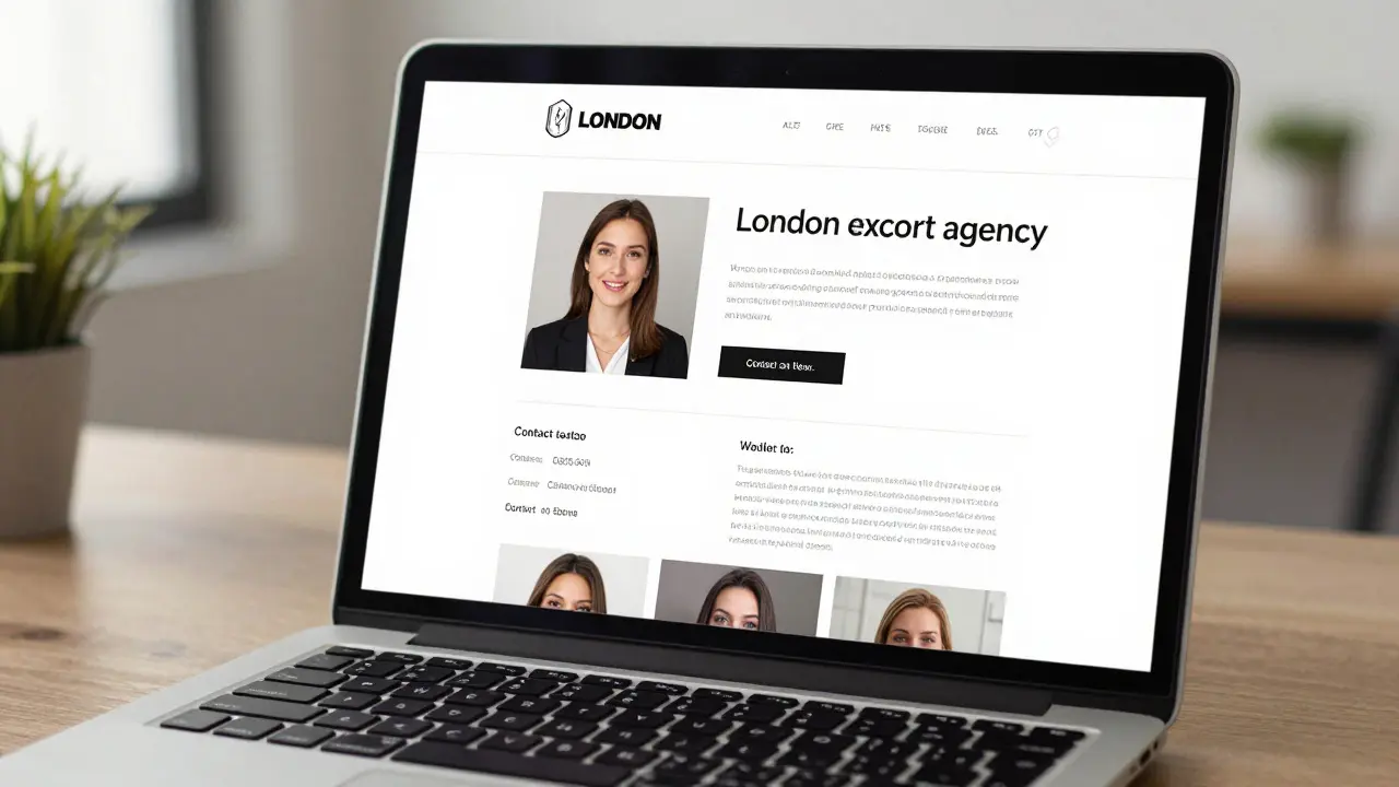 A professional escort agency website on a laptop with clear profiles and contact details.