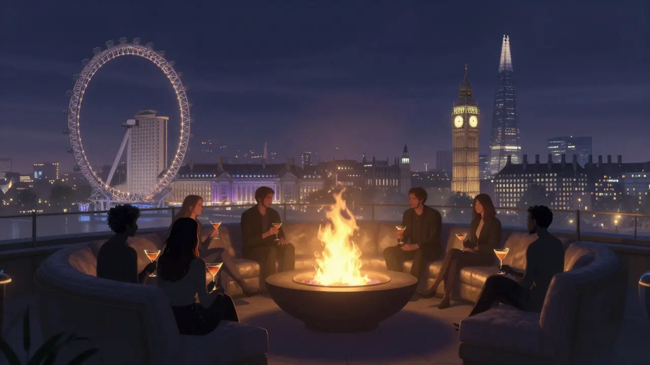A rooftop terrace floating above London’s skyline with a fire pit, couches, and misty ambient light.