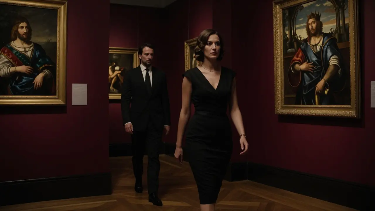 A well-dressed woman guides a man through a private gallery in Brera, surrounded by Renaissance art after hours.