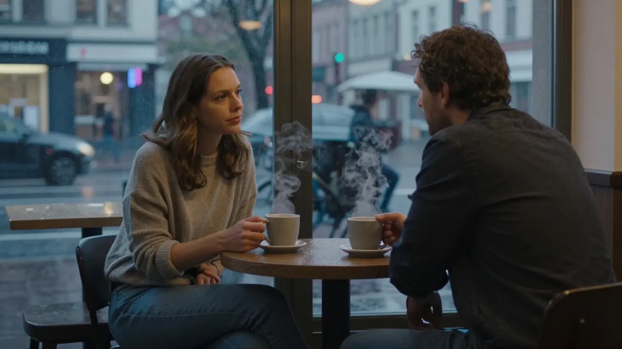 A woman and client share a quiet moment in a Neukölln café, steam rising from their mugs under soft lighting.