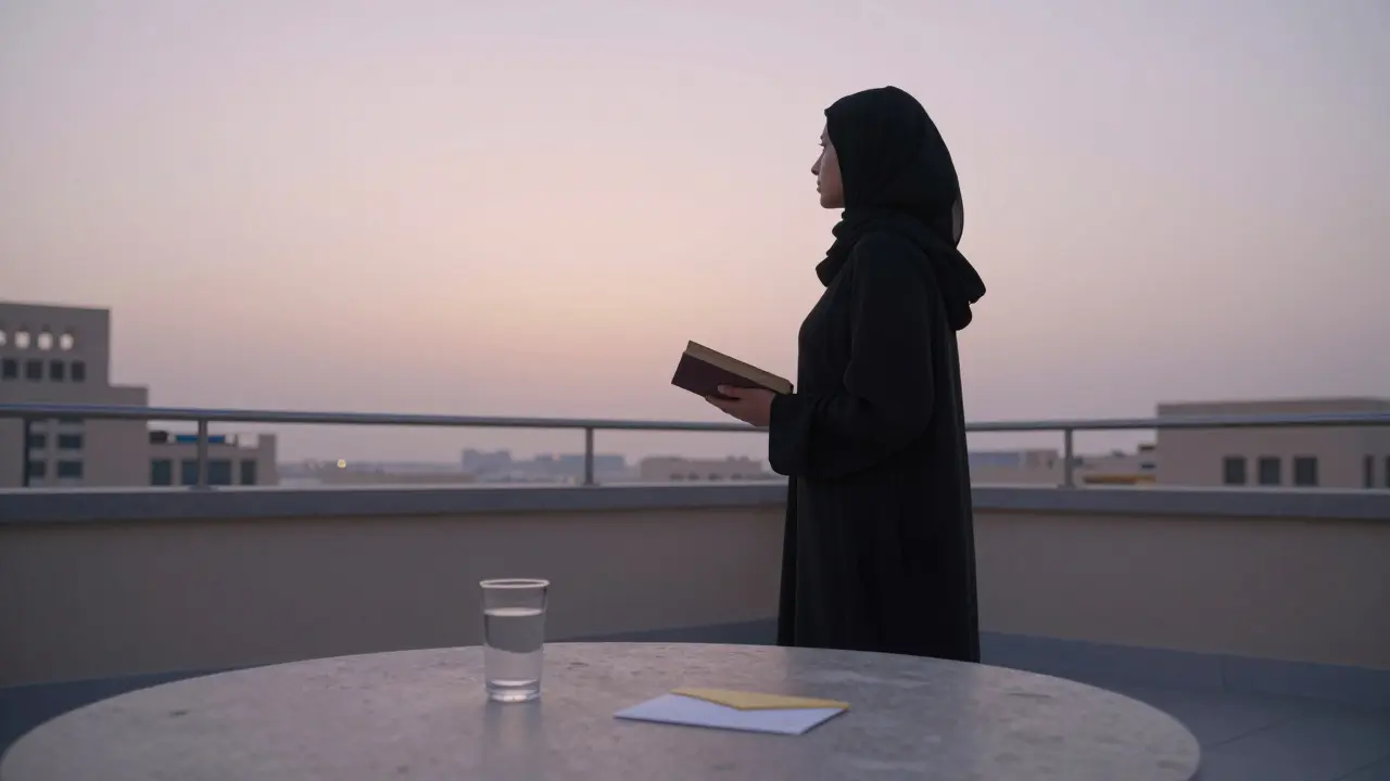 A woman standing alone on a rooftop at dawn, clutching a book, with a glass of water and tip envelope on the table.