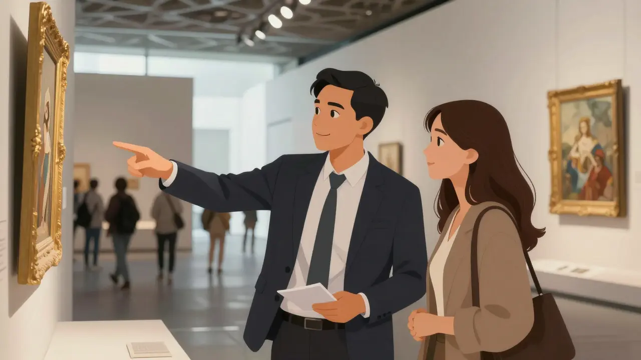 Companion guiding a guest through Louvre Abu Dhabi, focusing on art and cultural exchange.