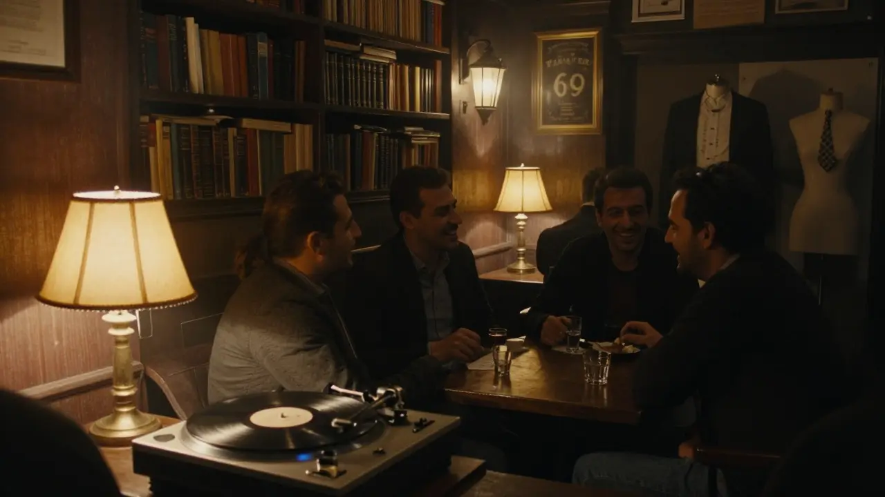 Cozy dimly lit bar with people gathered around a table, vinyl record playing