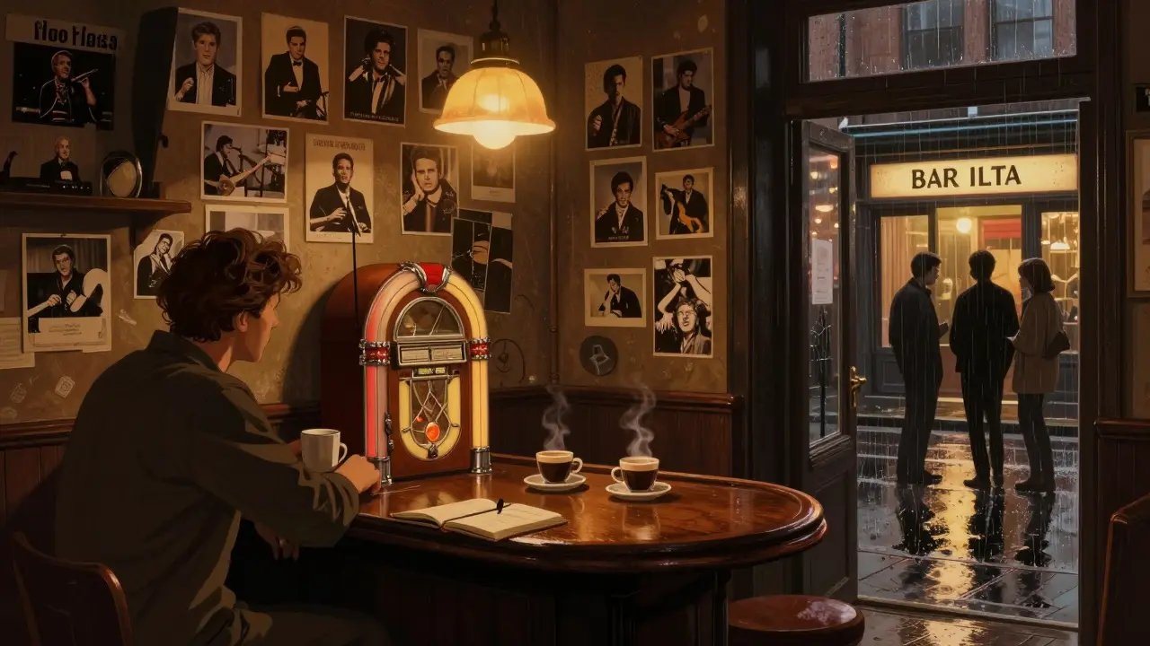 Cozy, dimly lit Soho pub with vintage photos and patrons chatting over drinks at 3 a.m.