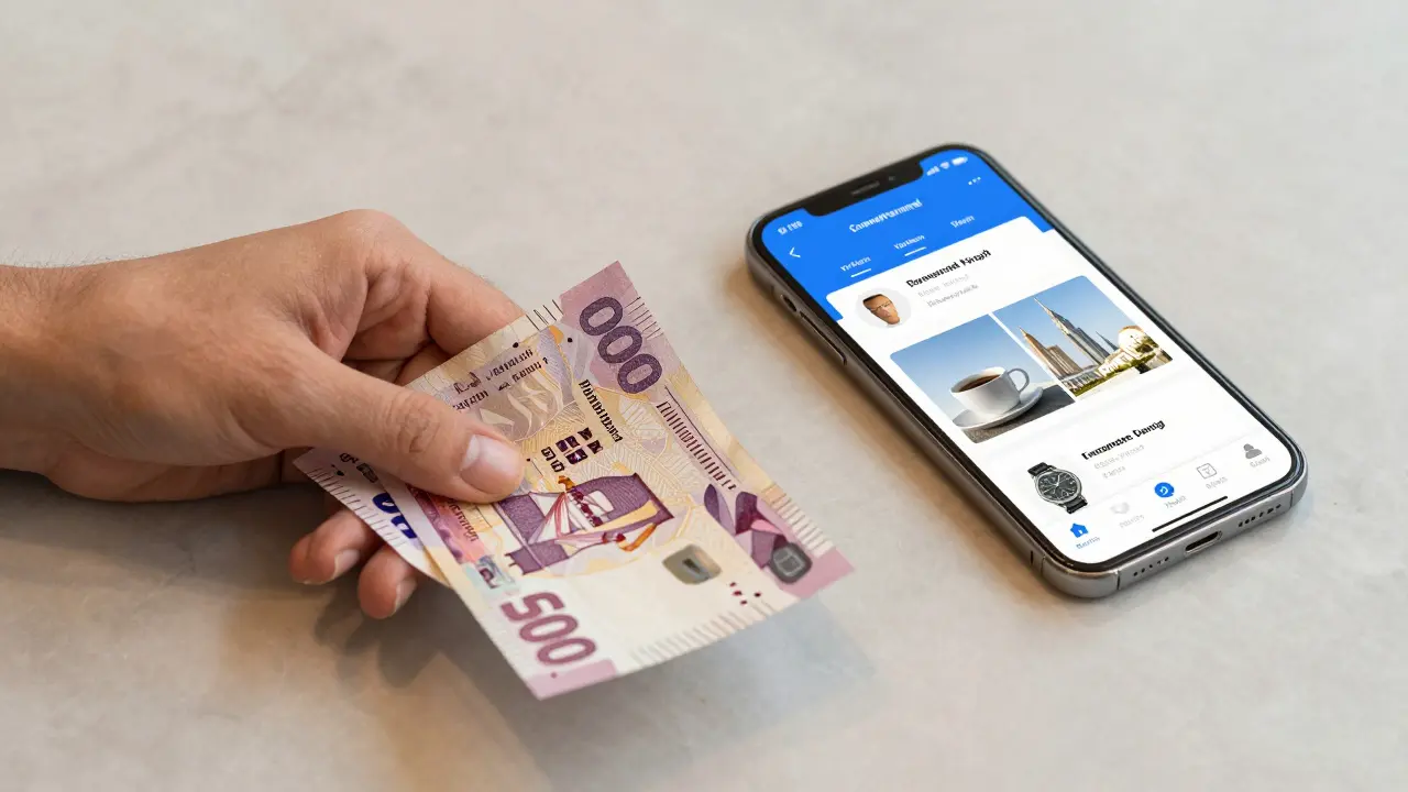 Hand placing cash on table beside verified companion profile and coffee cup, symbolizing trust.