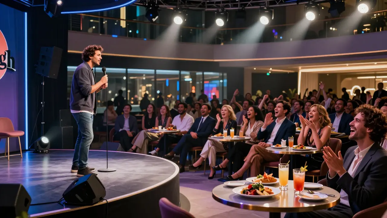 International comedian performing on a polished stage with diners enjoying food and drinks.
