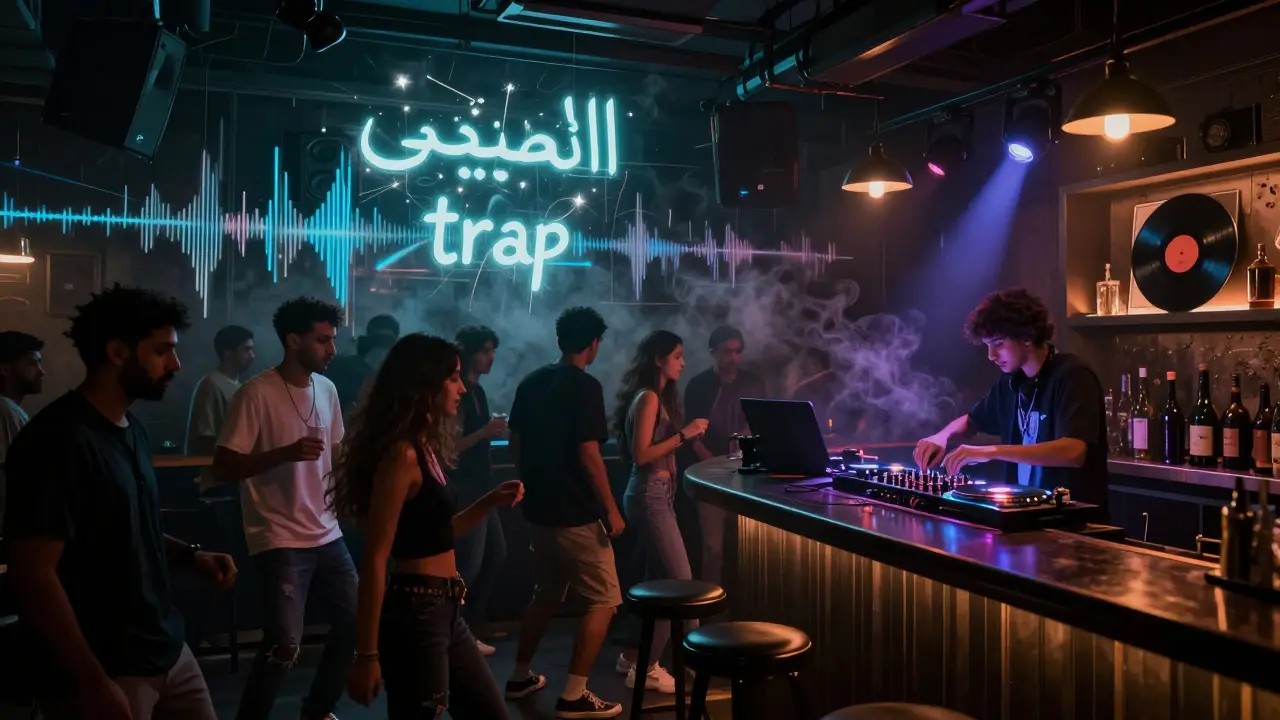 Intimate underground lounge with glowing Arabic beats and local crowd dancing.