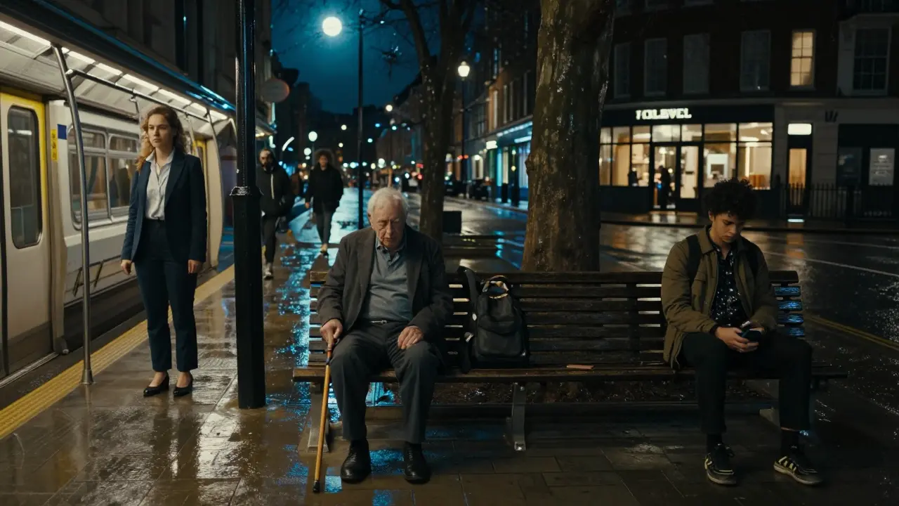Lonely individuals in various London settings under soft moonlight.