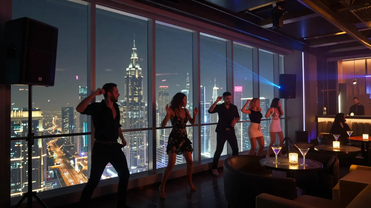 Luxury club on 43rd floor with skyline view and dancers under laser lights.