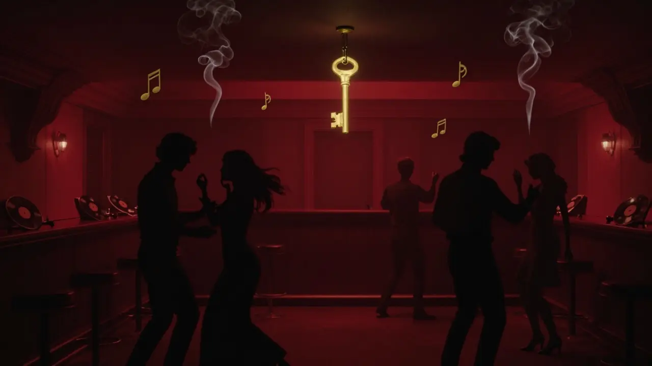 Mysterious basement jazz bar with silhouetted dancers, floating smoke and glowing key in dreamlike red light.