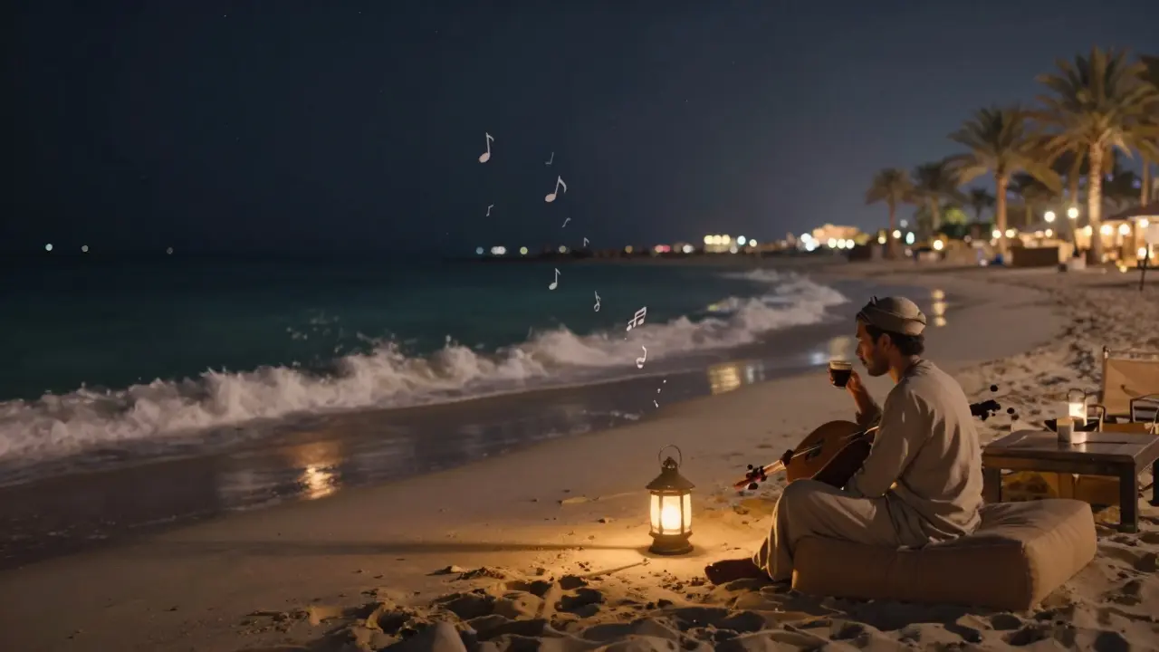 Peaceful beach lounge at night with a person relaxing by a lantern as waves gently crash.