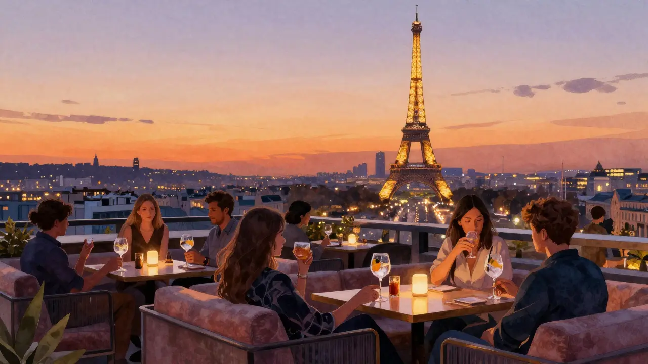 Rooftop bar guests enjoying drinks as Paris sparkles below, Eiffel Tower illuminated at night.