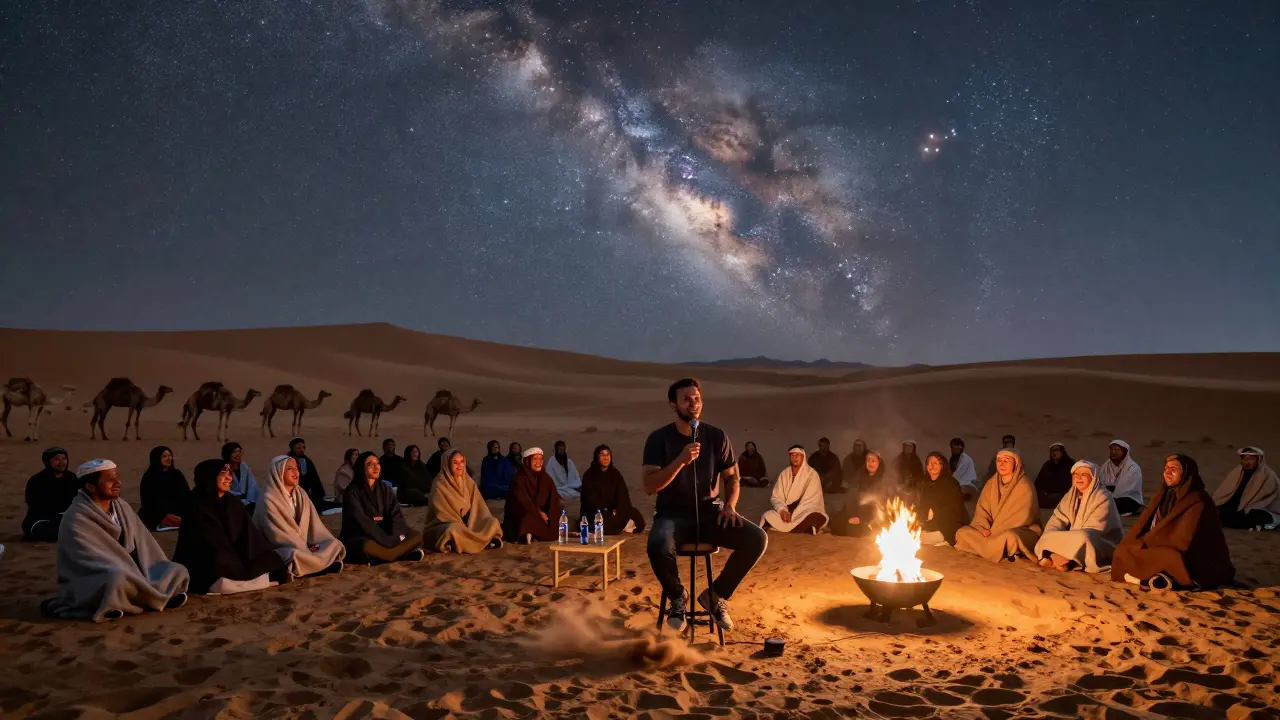 Stand-up comedian under stars in the desert, audience wrapped in blankets with camels nearby.
