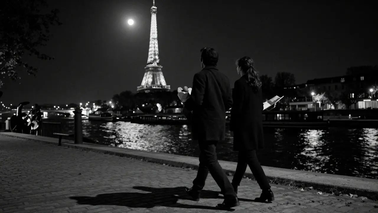 Two figures walking silently along the Seine at night, silhouetted against the Eiffel Tower's glow.