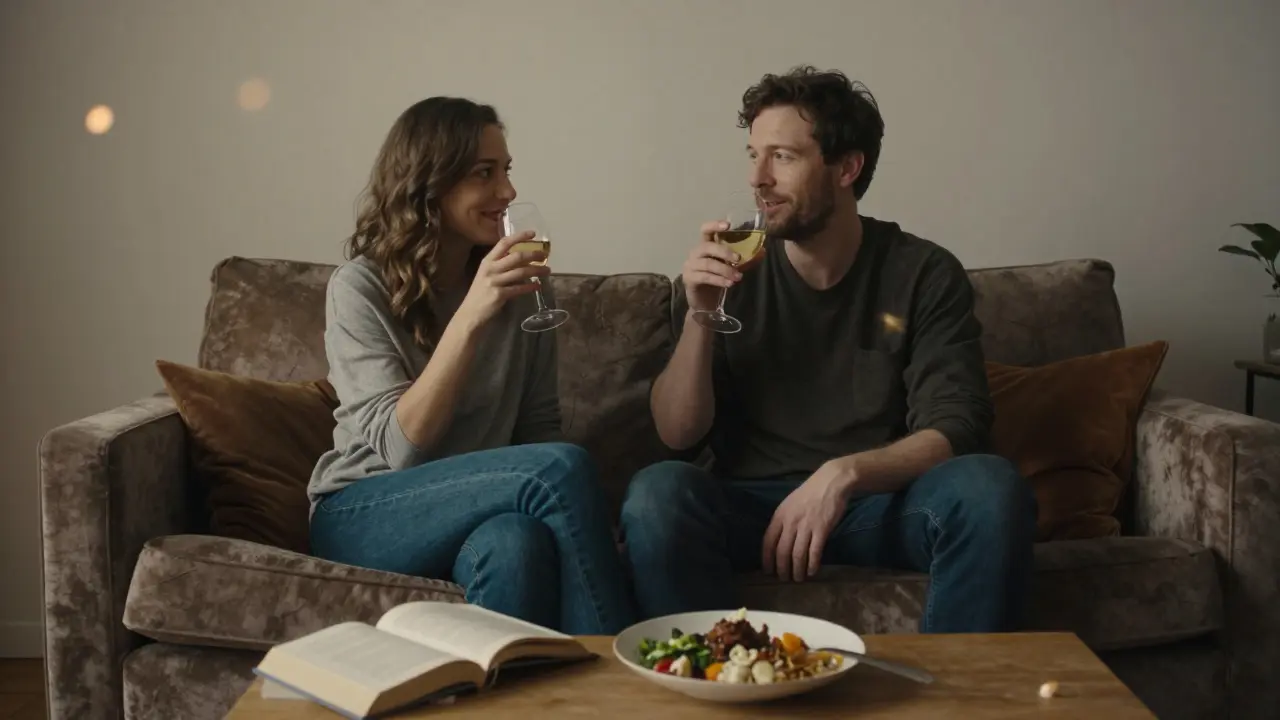 Two people sit together on a sofa in a cozy Berlin apartment, sharing wine and quiet conversation.