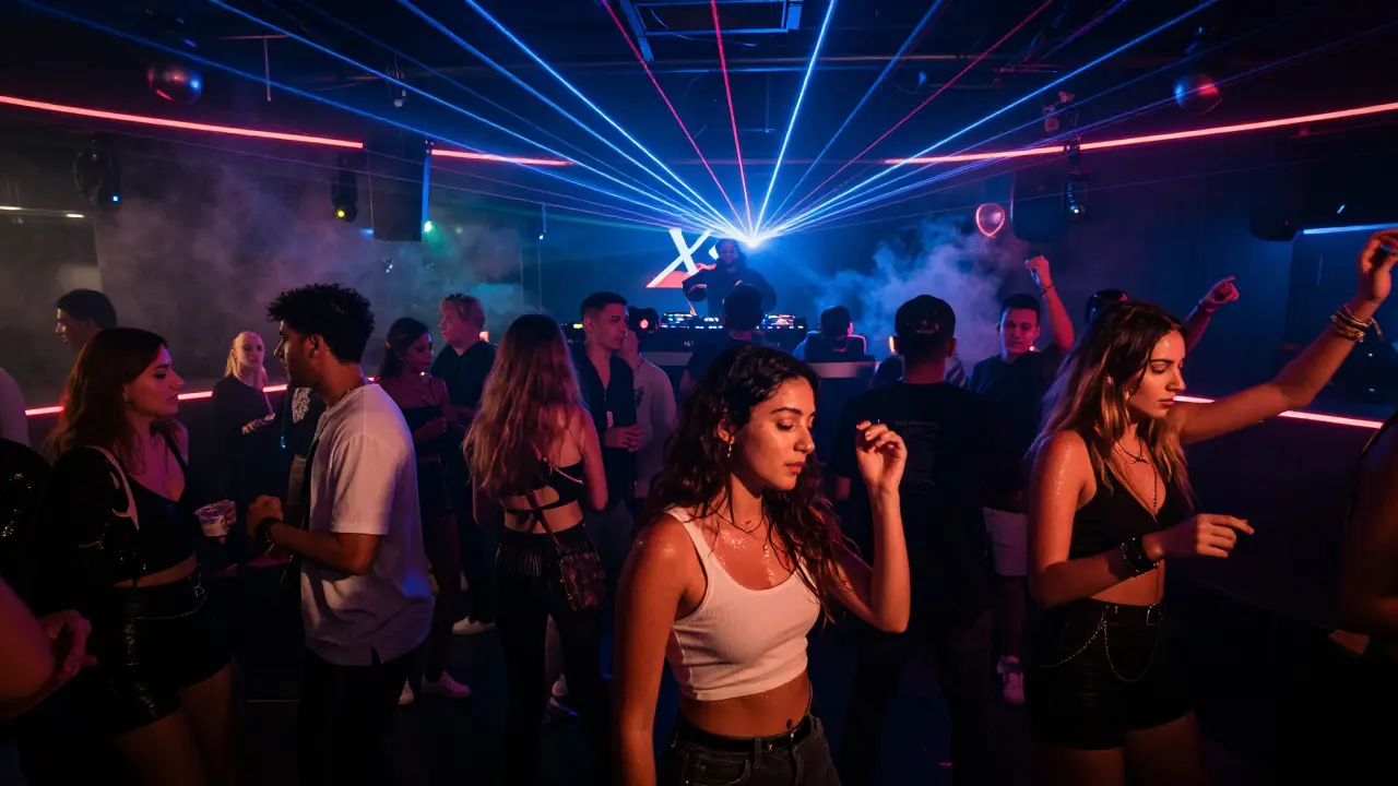 Vibrant nightclub interior with dancers under pulsing neon lights and laser beams.