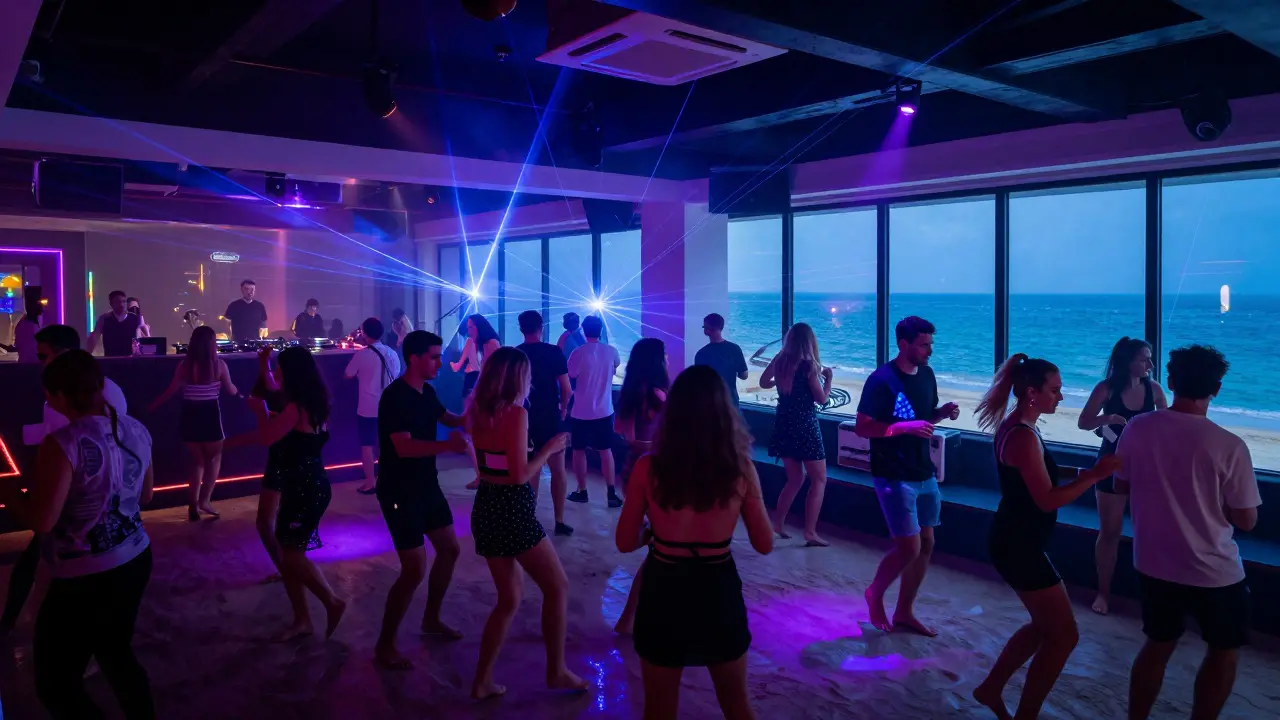 Vibrant nightclub with dancing crowd, laser lights, and sandy floor under pulsing electronic music.